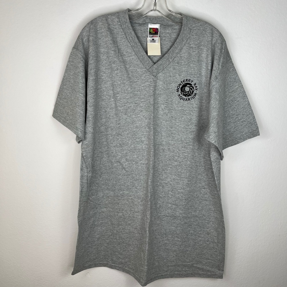 Vintage Monterey Bay Aquarium T-Shirt Large NWT Gray Embroidered V-Neck Sea Kelp